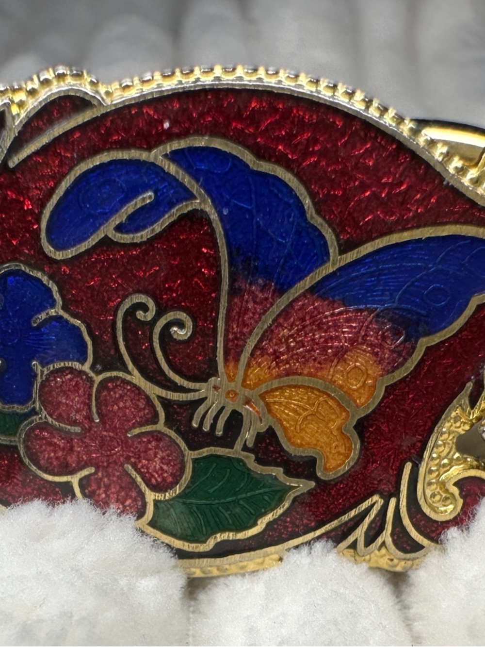 Gold-Tone Vintage Floral Enamel Hinged Clamper Bracelet in Red, Green & Blue